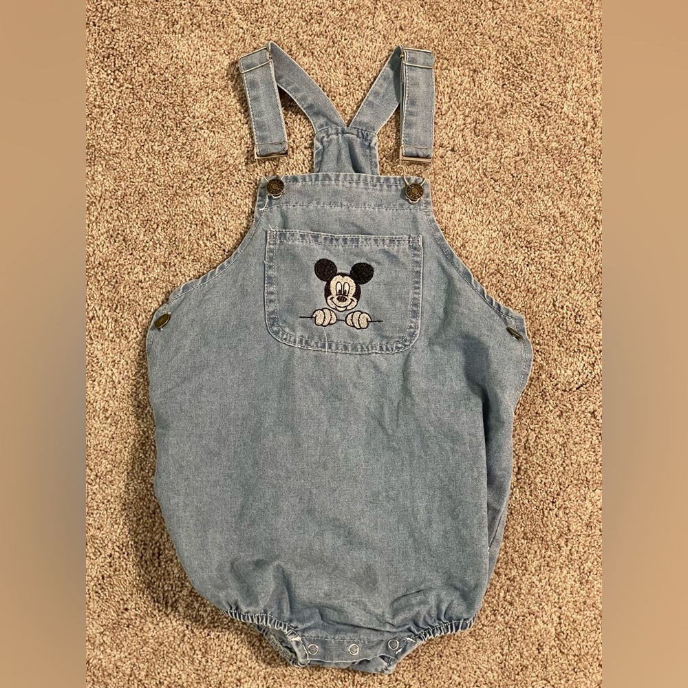 mickey mouse embroidery on blue jean bubble overalls